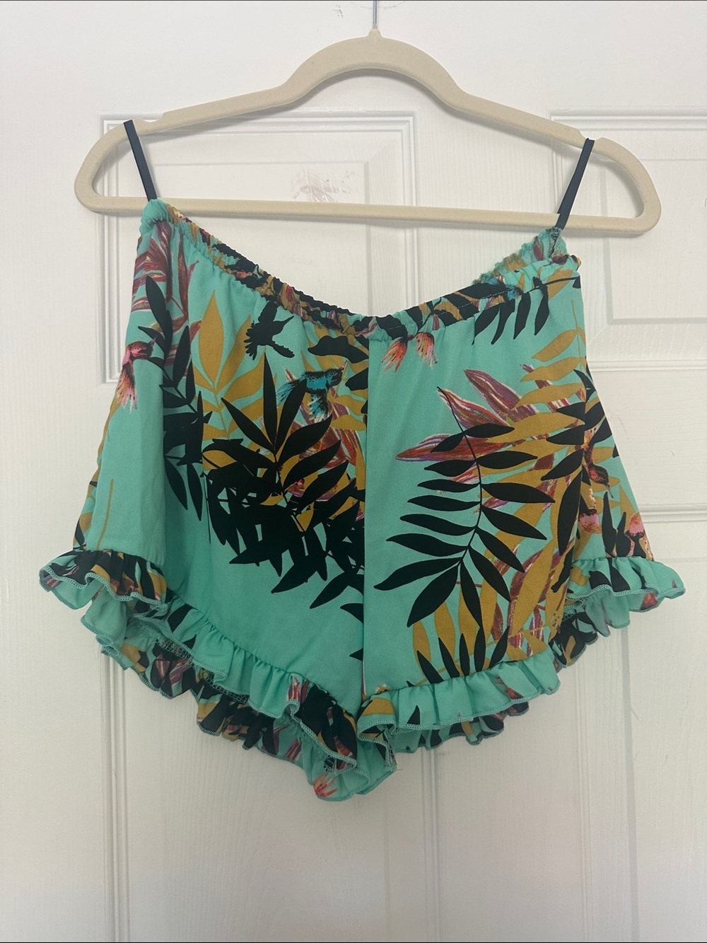 Surf Gypsy Teal Tropical Print shorts with Black Leaf Accents